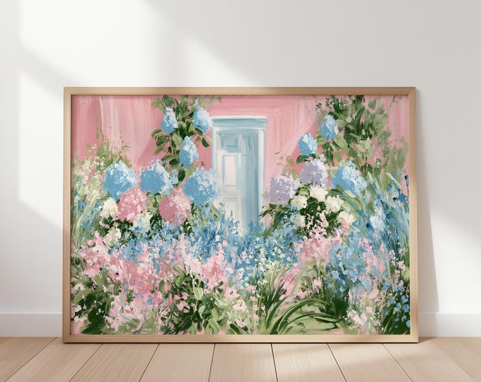 Pink House Wall Art Print, Hydrangea Flower Garden Painting, Cottage Garden Wall Decor, Impressionist Floral Canvas Art