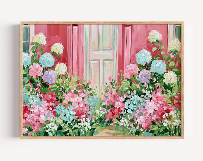 Pink House Wall Art Print, Hydrangea Flower Garden Painting, Cottage Garden Wall Decor, Impressionist Floral Canvas Art