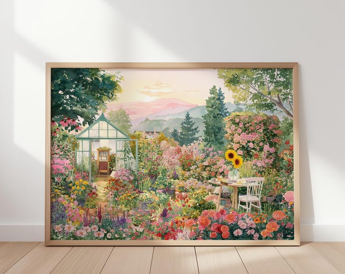 Watercolor Botanical Garden Wall Art Print, Spring Floral Greenhouse Framed Wall Art, Cottagecore Nature Landscape Canvas Decor
