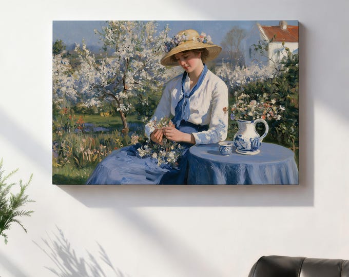 Garden Lady Wall Art Print, English Country Decor, Grandmillennial Wall Art, Blue and White Chinoiserie, Cottagecore Floral Painting
