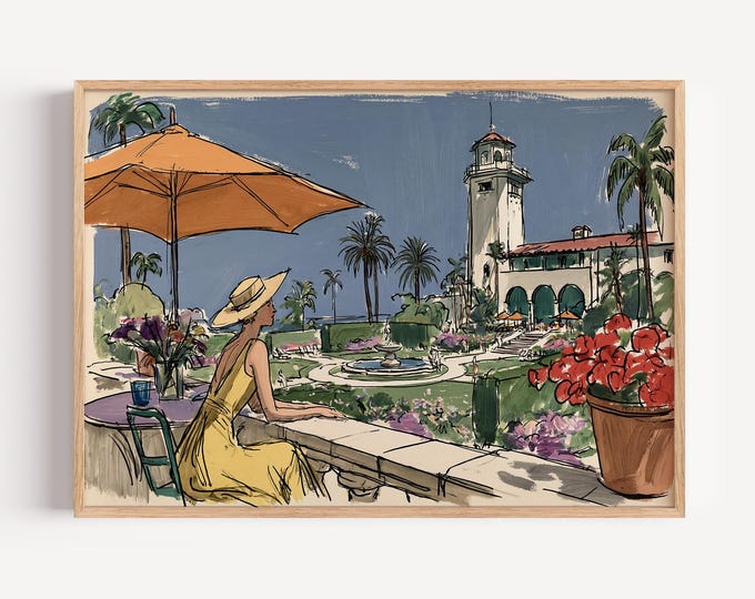 Palm Beach Wall Art Print, Luxury Resort Landscape, Mediterranean Villa Painting, Coastal Garden Decor, Elegant Summer Travel Artwork