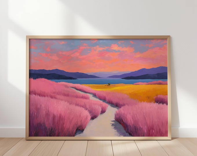 Vibrant Pink Landscape Wall Art Print, Impressionist Mountain Sunset Canvas, Colorful Field Path Framed Wall Art, Dreamy Nature Decor