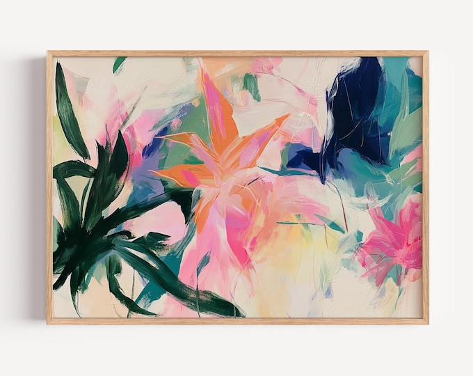Colorful Abstract Floral Wall Art Print, Pink Green Blue Botanical Painting, Modern Flower Canvas Art, Large Living Room Decor