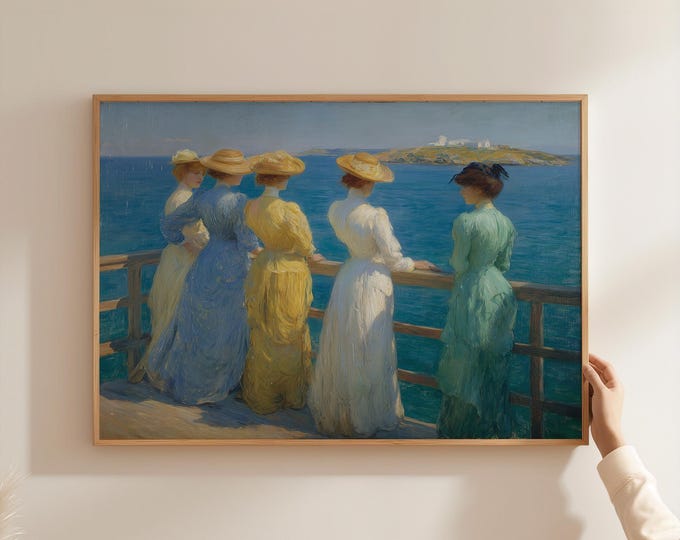 Vintage Coastal Impressionist Wall Art Print, Women by the Sea Framed Wall Art, Ocean View Canvas Decor, Sisterhood Beach Painting