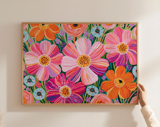 Colorful Floral Wall Art Print, Pink Orange Flower Painting, Wildflower Canvas Art, Botanical Wall Decor, Maximalist Home Decor