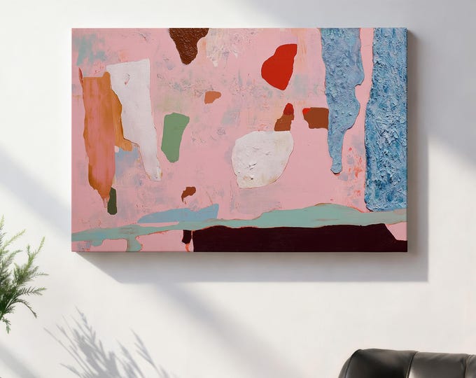 Modern Abstract Pastel Pink Wall Art, Colorful Organic Shapes Print, Large Textured Contemporary Painting, Mid Century Gallery Wall Decor