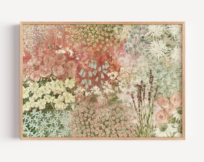 Colorful Floral Wall Art Print, Pastel Flower Garden Painting, Pink Botanical Art, Maximalist Wall Decor, Cottagecore Floral Print