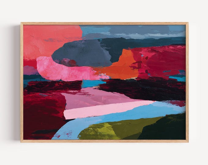 Burgundy and Pink Abstract Wall Art Print, Modern Color Block Framed Wall Art, Large Canvas Painting Decor, Contemporary Living Room Art