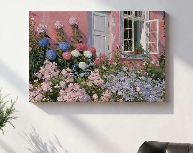 Pink House Wall Art Print, Hydrangea Flower Garden Painting, Cottage Garden Wall Decor, Impressionist Floral Canvas Art