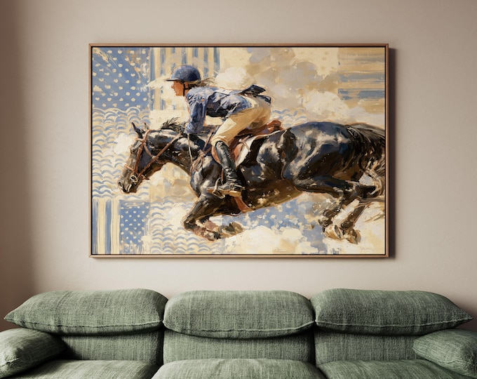 Jockey Racing Wall Art Print, Energetic Equestrian Brushstrokes, Blue And Beige Action Scene, Race Day Horseback Riding Home Wall Decor