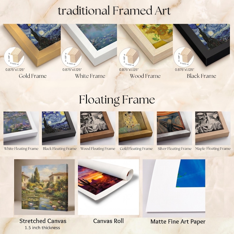 May include: A display of art framing options including traditional framed art in gold, white, wood, and black with 0.875 x 1.125 inch profiles, various floating frames, a 1.5 inch thick stretched canvas, a canvas roll, and matte fine art paper.