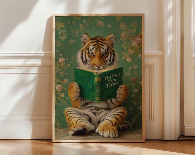 Tiger Reading Wall Art Print, Motivational Animal Wall Art, Funny Bookworm Decor, Library Office Study Wall Art, Vintage Tiger Art Gift