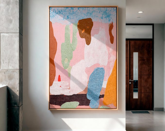 Modern Abstract Pastel Pink Wall Art, Colorful Organic Shapes Print, Large Textured Contemporary Painting, Mid Century Gallery Wall Decor