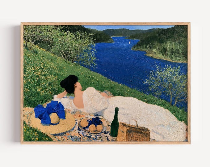 Vintage Impressionist Picnic Landscape Wall Art Print, River Meadow Painting, French Countryside Canvas, Cottagecore Home Decor