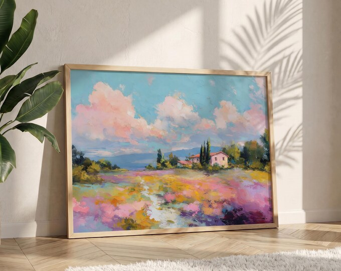 Pastel Landscape Wall Art Print, Colorful Abstract Oil Painting Print, French Country Cottage Decor, Spring Meadow Art, Floral Field Artwork