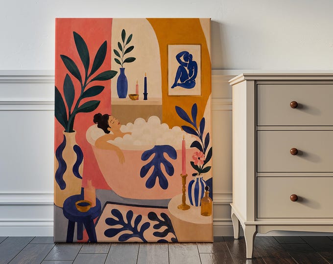 Maximalist Bathroom Wall Art, Woman in Bathtub Oil Painting Print, Matisse Inspired Preppy Decor, Pink Eclectic Framed Canvas
