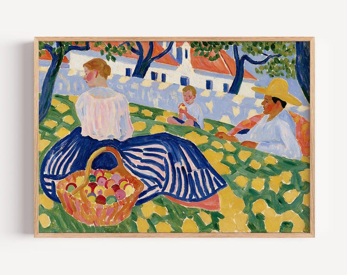 Woman Under Tree Painting Print,Wall Art Print, Apple Orchard Art, Mediterranean Countryside Decor, Vintage Folk Art, Cottagecore Canvas