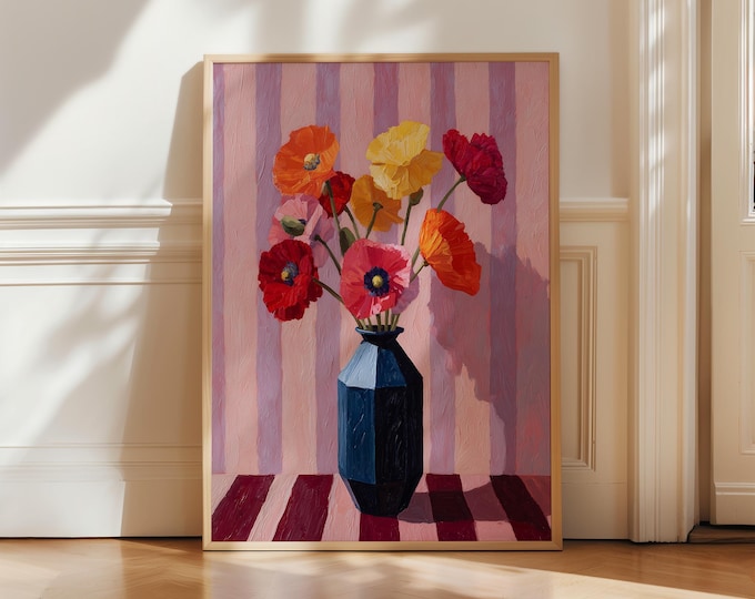 Colorful Floral Oil Painting Print, Poppy Flowers in Blue Vase Wall Art, Pink Preppy Room Decor, Dopamine Decor Framed Canvas
