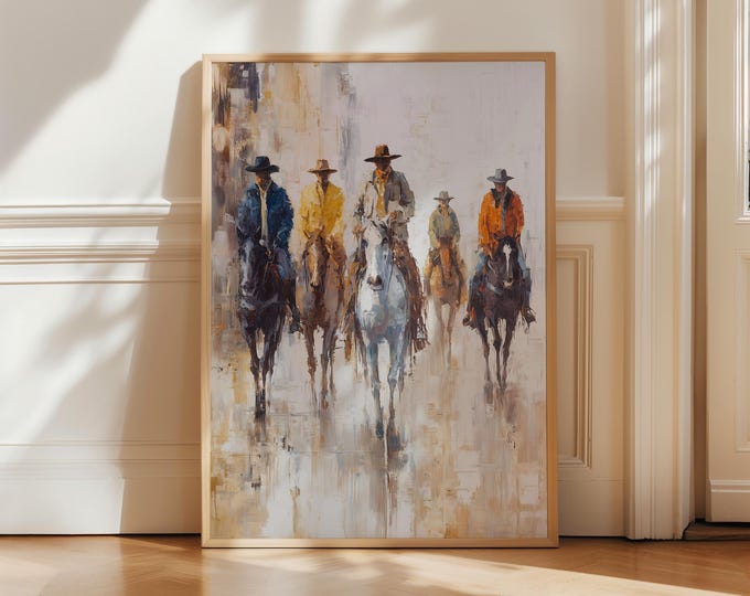 Cowboys on Horses Oil Painting Print, Western Wall Art, Impressionist Equestrian Framed Canvas, Rustic Southwestern Decor