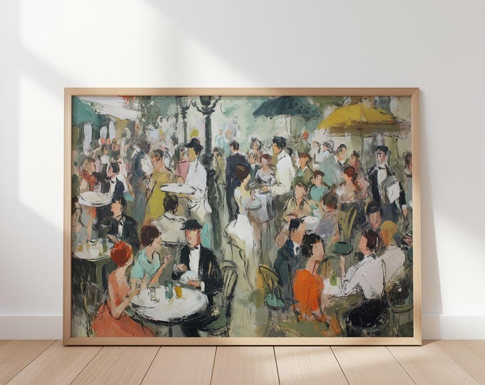 Vintage French Cafe Wall Art, Parisian Bistro Painting, Mid Century Modern Crowd Print, Abstract Outdoor Cafe Poster, Dining Room Decor