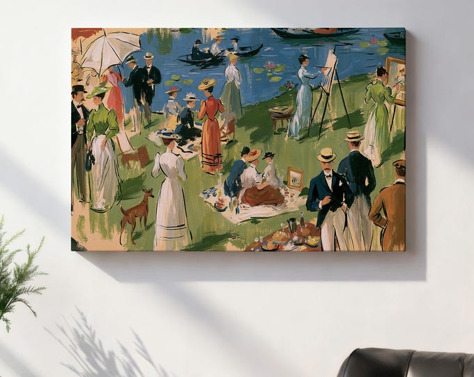 Vintage River Picnic Wall Art, Impressionist Garden Party Painting, Elegant Lakeside Gathering Print, French Country Decor
