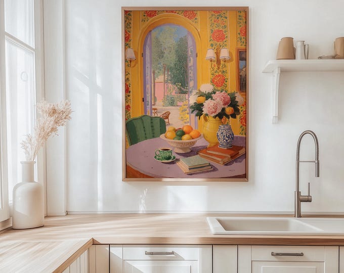 Colorful Floral Still Life Oil Painting Print, French Country Window View Art, Preppy Grandmillennial Decor, Framed Canvas