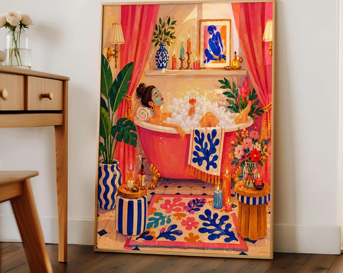 Maximalist Bathroom Wall Art, Woman in Bathtub Oil Painting Print, Matisse Inspired Preppy Decor, Pink Eclectic Framed Canvas