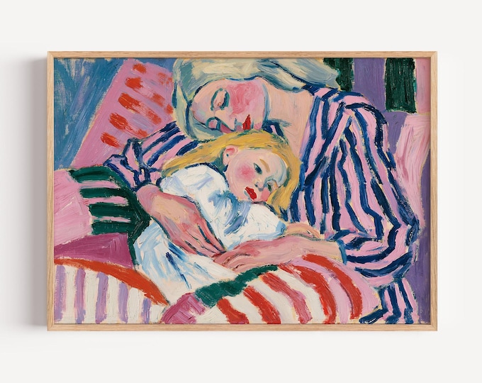 Mother Daughter Wall Art Print, Motherhood Oil Painting, Colorful Figurative Art, Mom & Child Portrait, Family Wall Decor, Mothers Day Gift