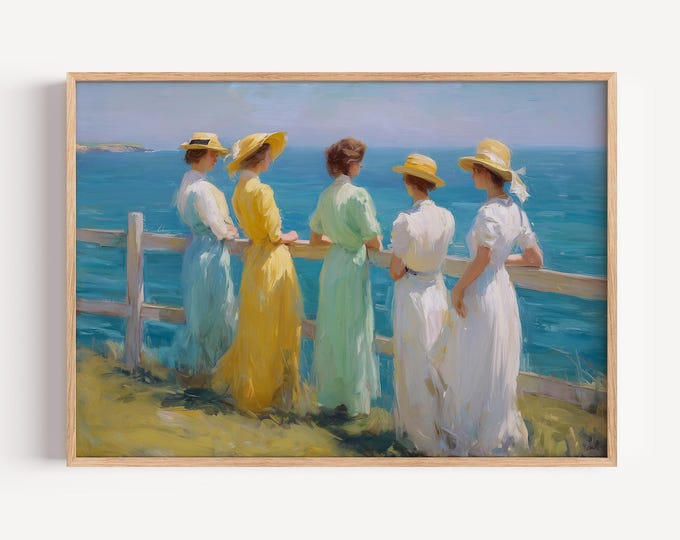 Vintage Coastal Impressionist Wall Art Print, Women by the Sea Framed Wall Art, Ocean View Canvas Decor, Sisterhood Beach Painting