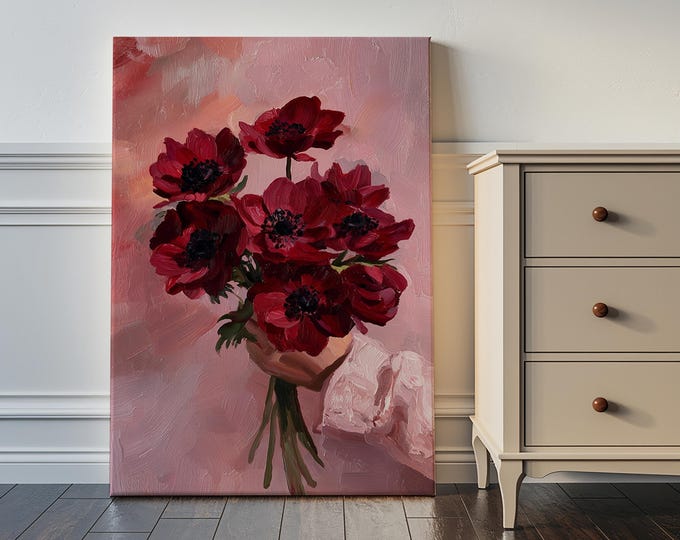 Red Anemone Oil Painting Print, Hand Holding Flowers Wall Art, Pink Aesthetic Floral Art,Impressionist Bouquet Decor, Moody Floral Art