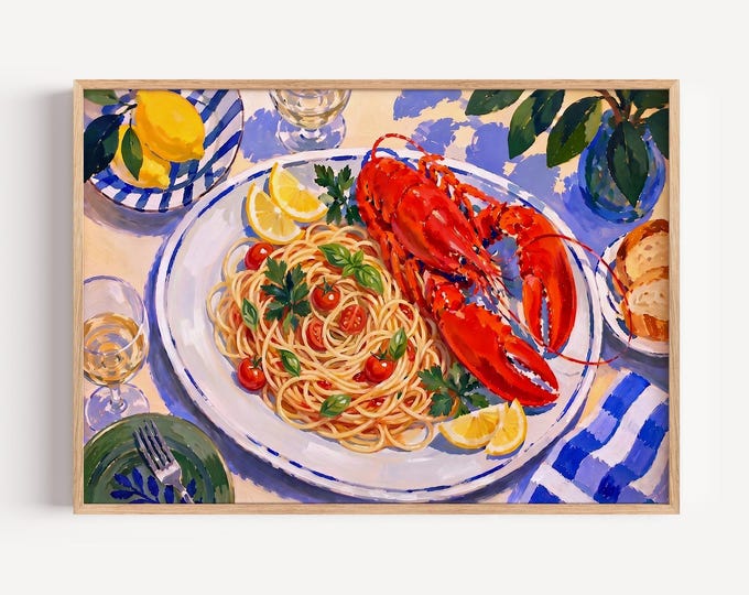 Italian Summer Lobster Pasta Wall Art Print, Mediterranean Seafood Kitchen Canvas, Amalfi Coastal Dining Room Framed Wall Art