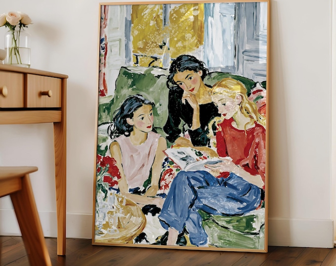Women Reading Wall Art Print, Female Friendship Painting, Colorful Feminine Art Print, Book Lover Decor, Girls Reading Wall Art