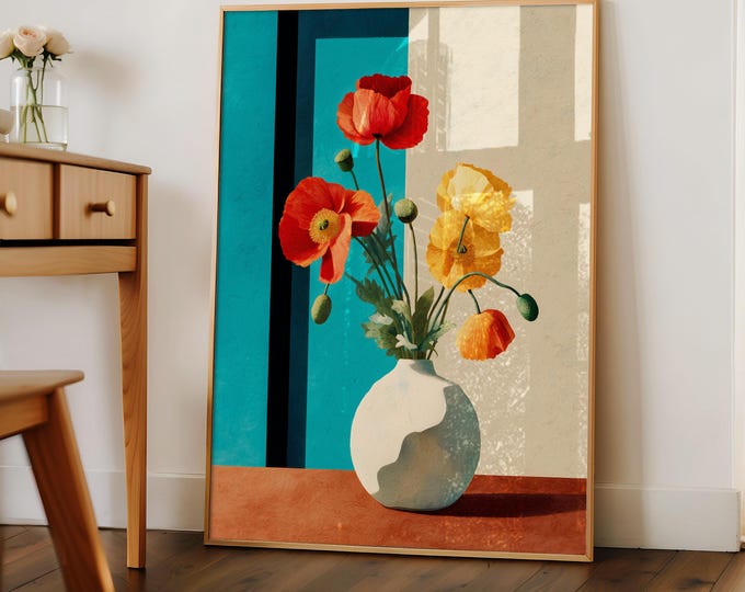Color Block Floral Oil Painting Print, Red Poppy Wall Art, Mid Century Modern Decor, Teal and Orange Framed Canvas Abstract Art