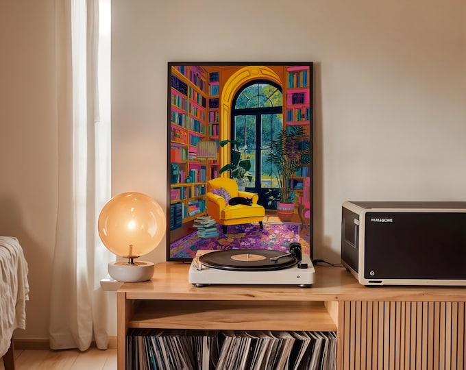 Impressionist Bookshelf Art, Textured Impasto Print, Sunlit Room with Plant Canvas, Colorful Eclectic Decor, Cozy Interior Wall Art