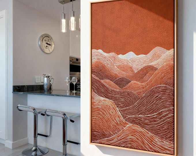 Terracotta Mountain Wall Art Print, Abstract Landscape Canvas, Burnt Orange Line Art Decor, Boho Framed Wall Art, Minimalist Desert Art