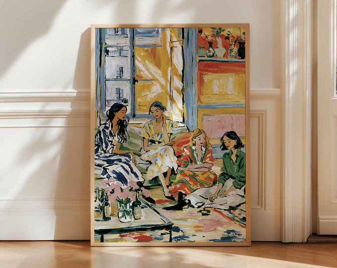 Women Reading Wall Art Print, Female Friendship Painting, Colorful Feminine Art Print, Book Lover Decor, Girls Reading Wall Art