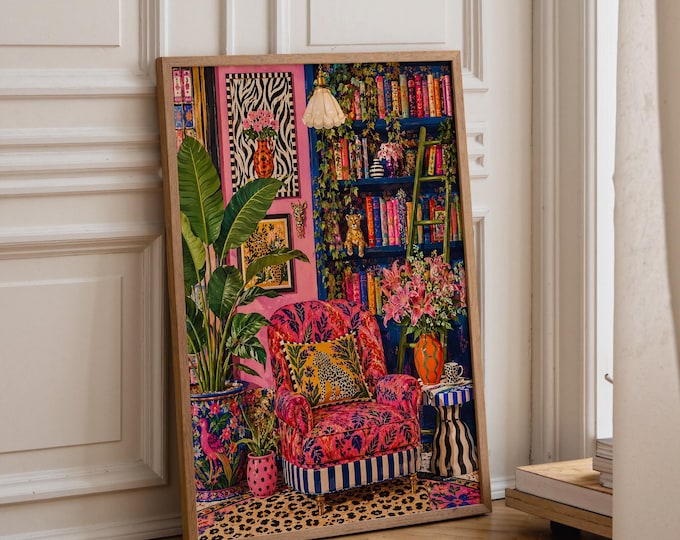 Maximalist Pink Room Oil Painting Print, Colorful Interior Wall Art, Eclectic Preppy Decor, Cozy Reading Nook Framed Canvas