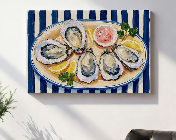 Oyster Wall Art Print, Coastal Kitchen Decor, Seafood Oil Painting, Blue Stripe Table Art, French Bistro Wall Decor, Nautical Canvas