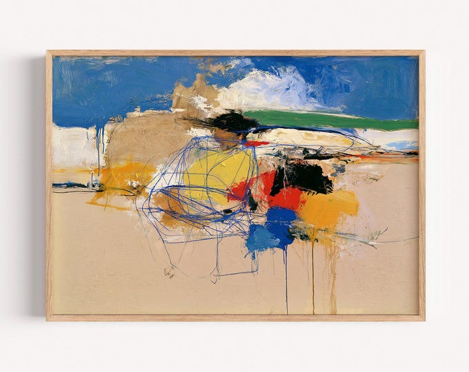 Blue Beige Abstract Wall Art Print, Modern Colorful Painting, Contemporary Canvas Print, Large Neutral Art, Mid Century Modern Decor