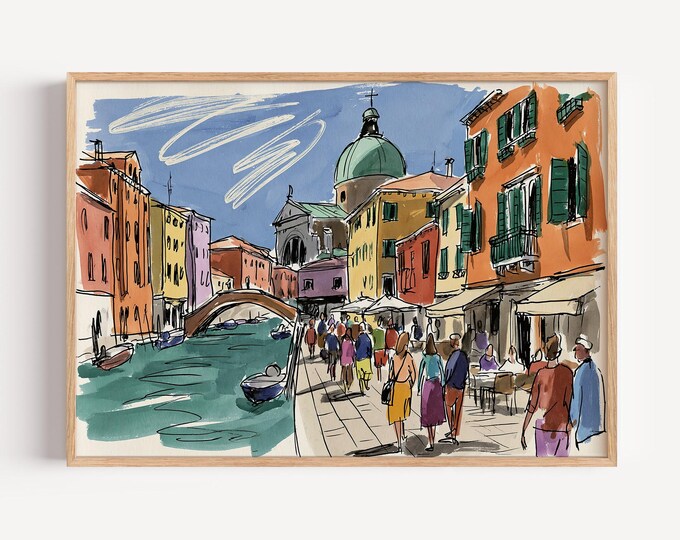 Venice Italy Wall Art Print, Colorful Canal Sketch, Venetian Street Painting, European Travel Decor, Mediterranean City Artwork