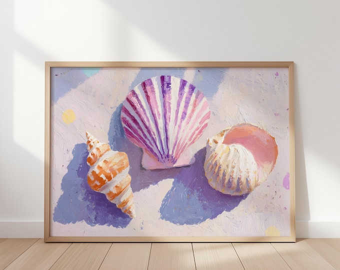 Pastel Seashell Wall Art Print, Coastal Beach House Canvas, Impasto Shell Painting Framed Wall Art, Pink and Purple Ocean Decor