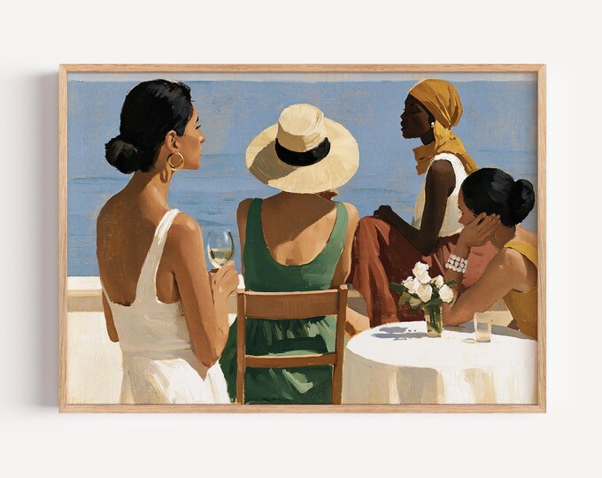 Coastal Women Wall Art Print, Mediterranean Cafe Painting, Old Money Decor, Summer Fashion Canvas, European Vacation Wall Art