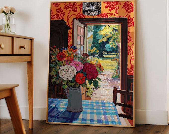 Maximalist Red Room Window View Oil Painting Print, French Country Interior Art, Colorful Preppy Decor, Framed Canvas