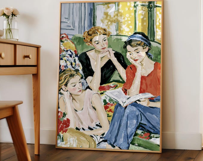 Women Reading Wall Art Print, Female Friendship Painting, Colorful Feminine Art Print, Book Lover Decor, Girls Reading Wall Art