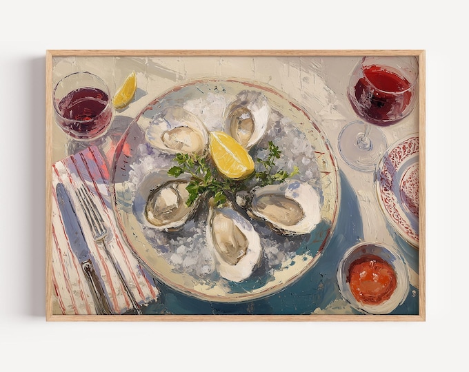 Impasto Oyster Plate Wall Art Print, Coastal Kitchen Seafood Canvas, Preppy Beach House Framed Wall Art, Summer Dining Room Decor