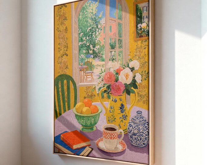 Colorful Floral Still Life Oil Painting Print, French Country Window View Art, Preppy Grandmillennial Decor, Framed Canvas