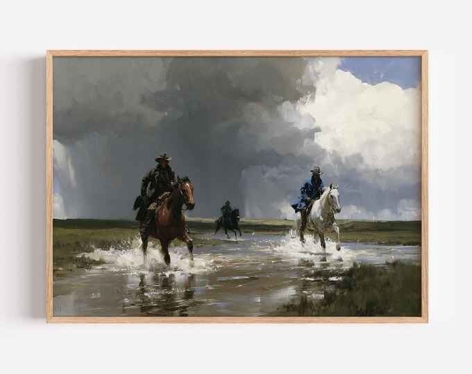 Western Cowboy Wall Art Print, Horseback Riding Canvas, Wild West Landscape Painting, Ranch Decor, Rustic Cowboy Artwork, Western Art