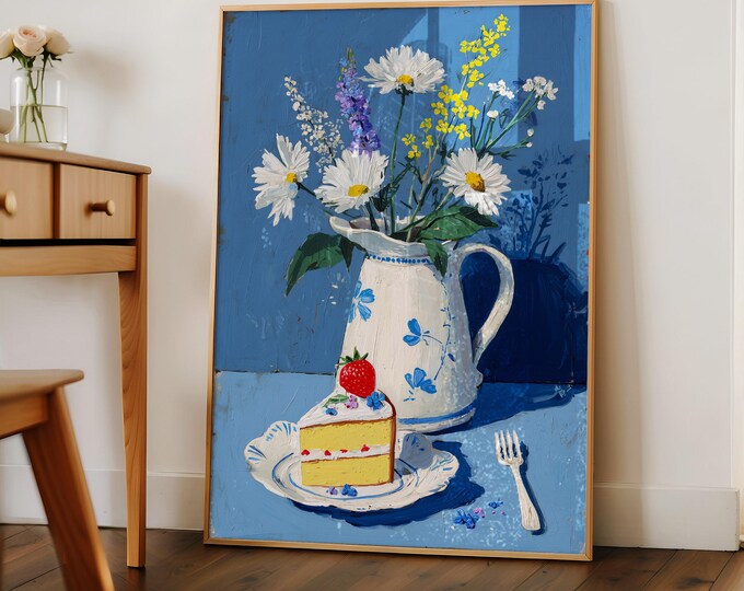 Strawberry Cake & Daisies Oil Painting Print, Blue Floral Still Life Wall Art, French Country Cottagecore Decor, Framed Canvas