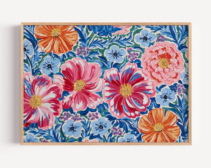 Colorful Floral Wall Art Print, Abstract Flower Painting, Blue Red Botanical Canvas, Maximalist Wall Decor, Cottagecore Flower Art Print