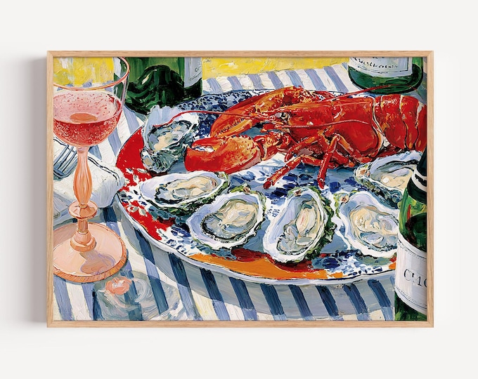 Lobster Oyster Oil Painting Print, Wine Glass Bottle Wall Art Print, Preppy Bar Cart Decor, Coastal Kitchen Art, Seafood Dining